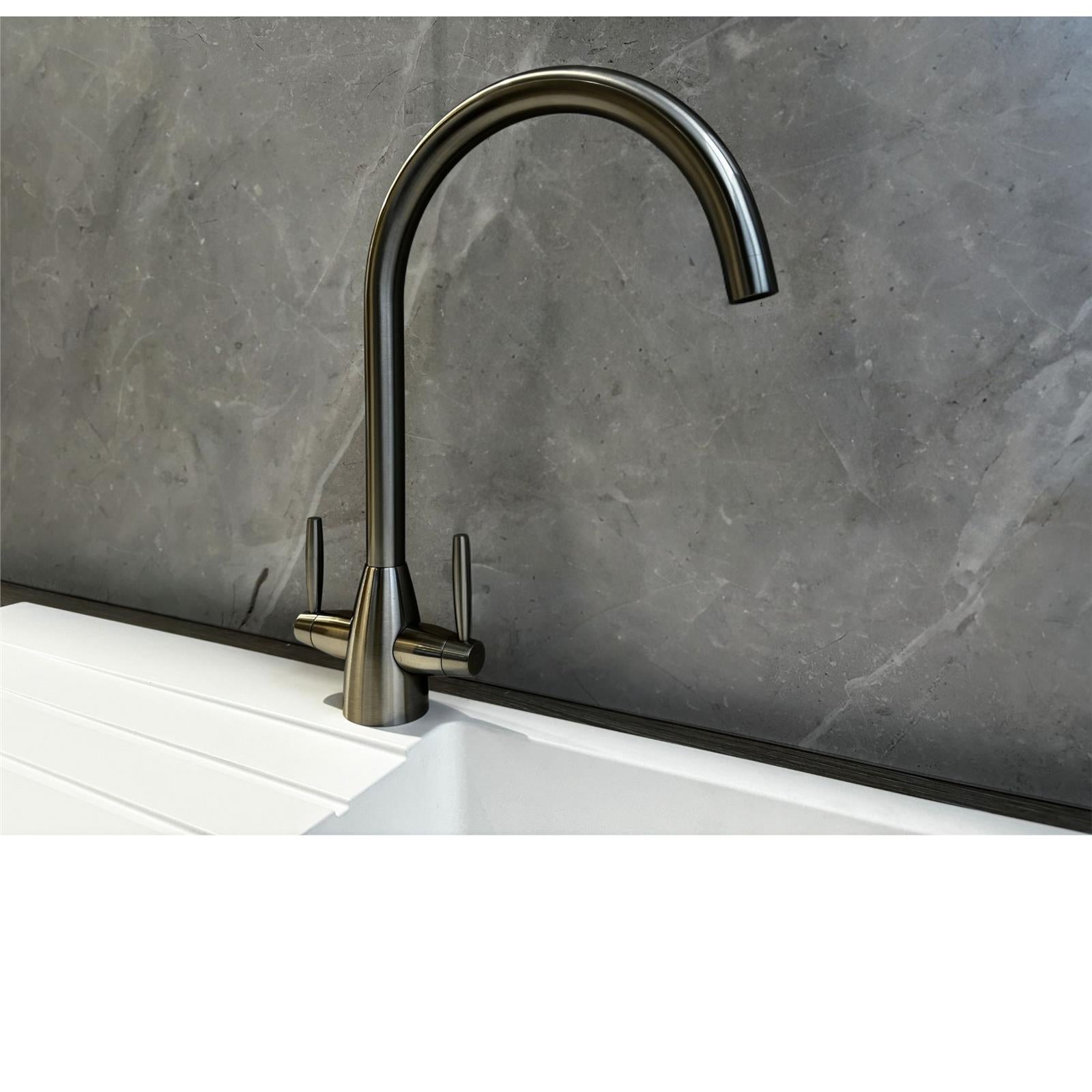 Liquida LT03BN Monobloc Swan Neck Twin Lever Brushed Nickel Kitchen Mixer Tap
